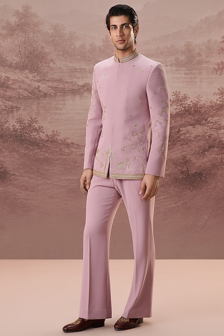 Blush Pink Lycra Suiting Hand & Machine Embroidered Wedding Bandhgala Set by Contrast By Parth at Pernia's Pop Up Shop
