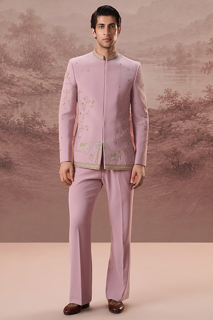 Blush Pink Lycra Suiting Hand & Machine Embroidered Wedding Bandhgala Set by Contrast By Parth at Pernia's Pop Up Shop
