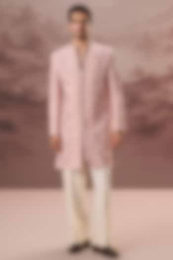 Blush Pink Silk Hand & Machine Embroidered Wedding Sherwani Set by Contrast By Parth at Pernia's Pop Up Shop