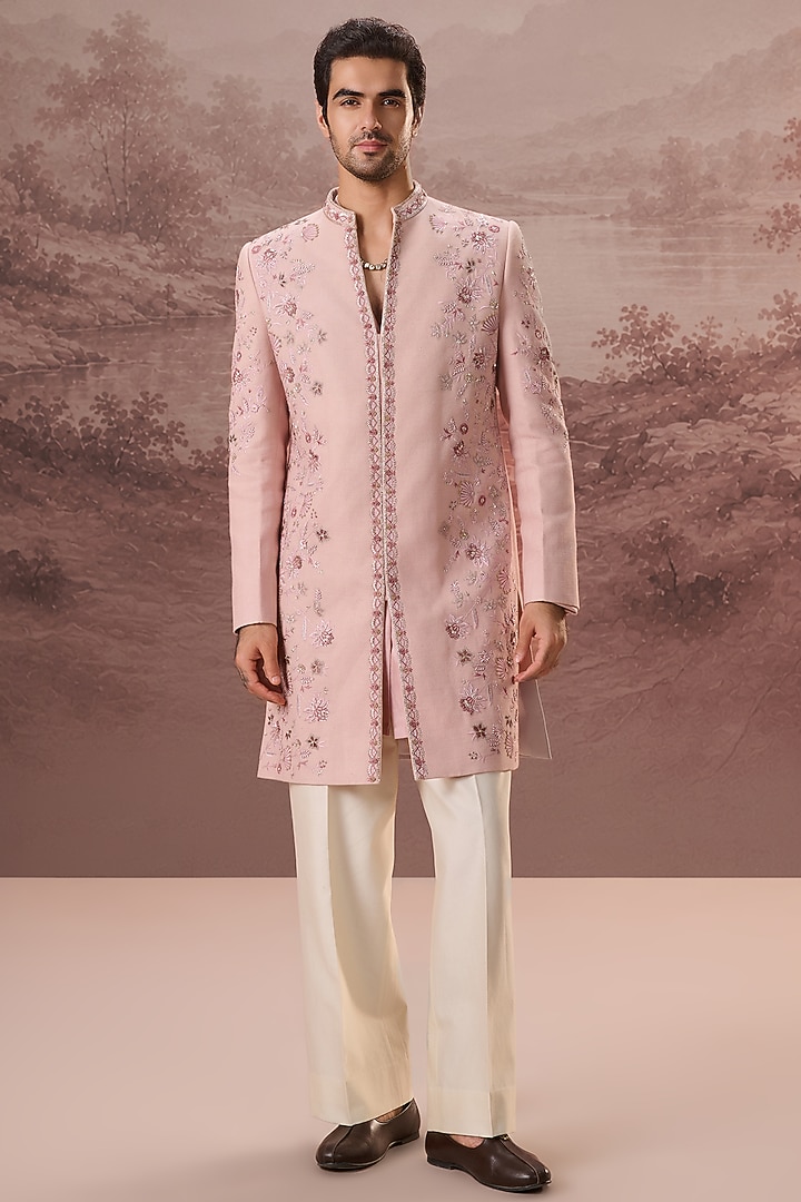 Blush Pink Silk Hand & Machine Embroidered Wedding Sherwani Set by Contrast By Parth at Pernia's Pop Up Shop