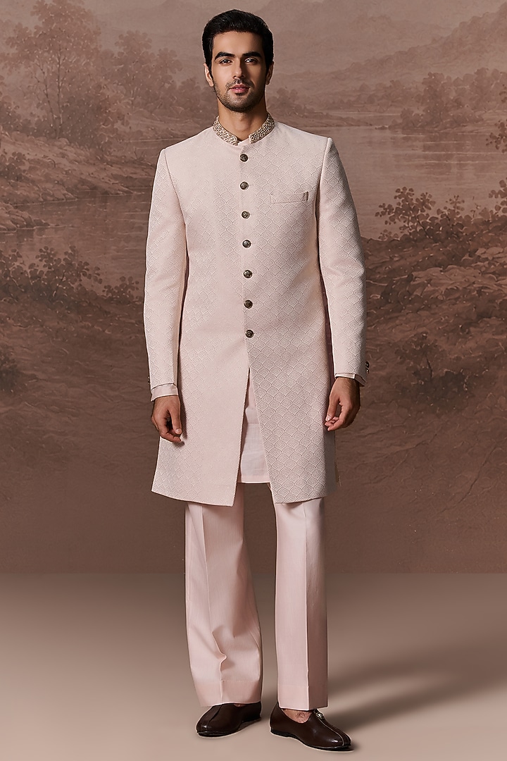 Nude Pink Jacquard Hand & Machine Embroidered Wedding Sherwani Set by Contrast By Parth at Pernia's Pop Up Shop