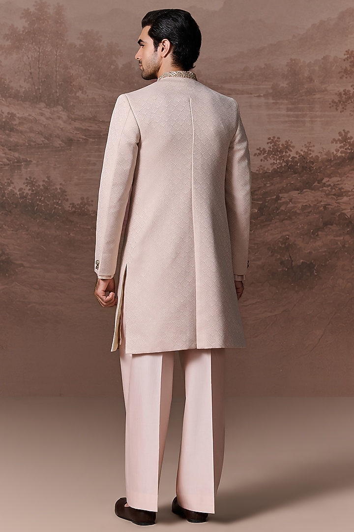Nude Pink Jacquard Hand & Machine Embroidered Wedding Sherwani Set by Contrast By Parth at Pernia's Pop Up Shop