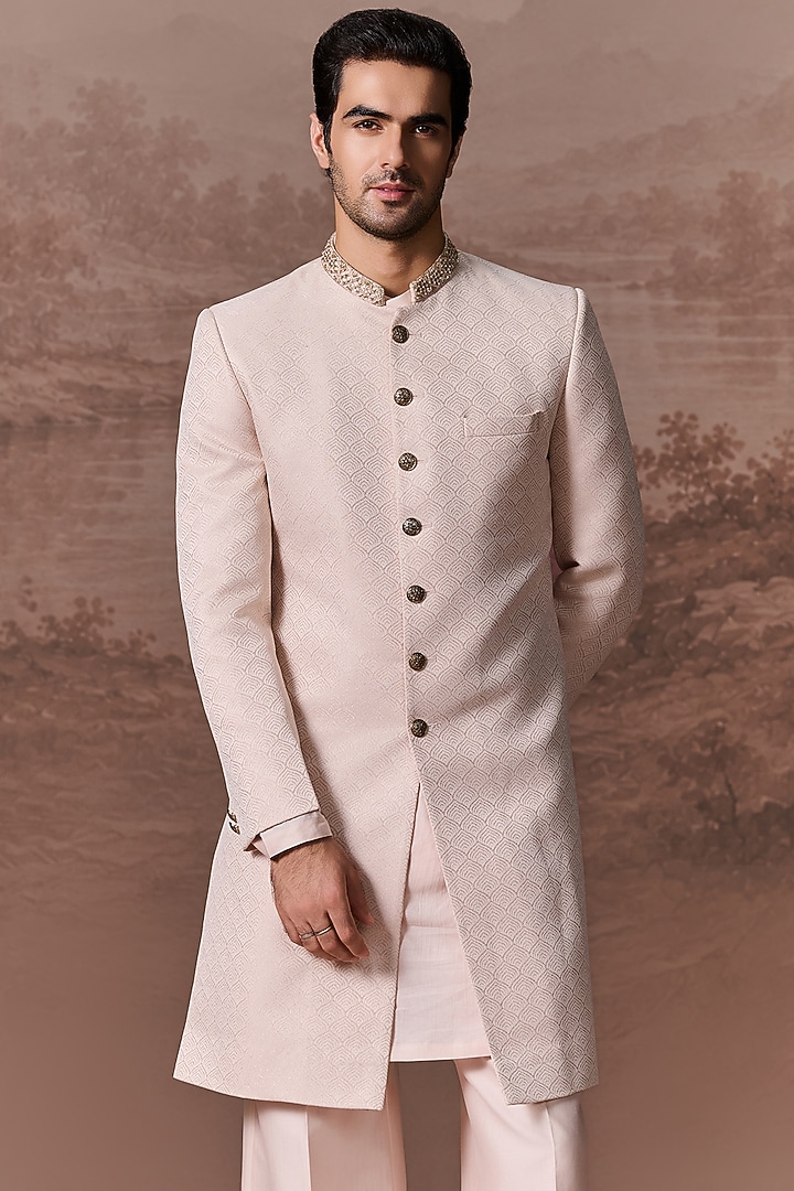 Nude Pink Jacquard Hand & Machine Embroidered Wedding Sherwani Set by Contrast By Parth at Pernia's Pop Up Shop