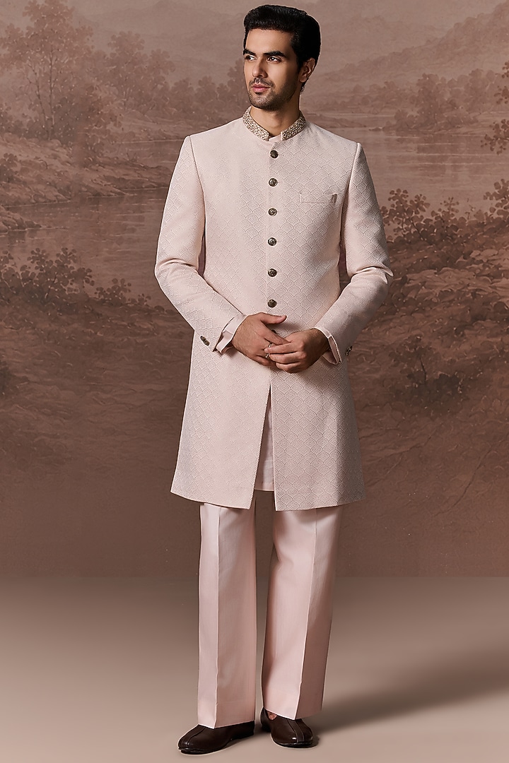 Nude Pink Jacquard Hand & Machine Embroidered Wedding Sherwani Set by Contrast By Parth at Pernia's Pop Up Shop