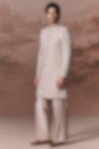 Ice Grey Jacquard Hand & Machine Embroidered Wedding Sherwani Set by Contrast By Parth at Pernia's Pop Up Shop