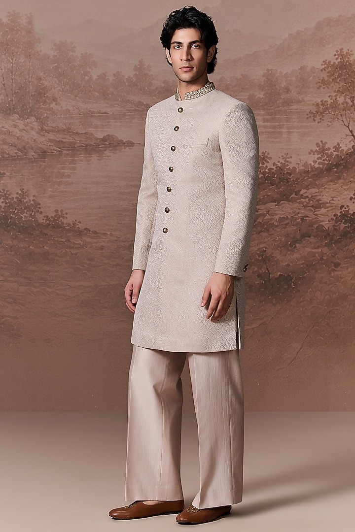 Ice Grey Jacquard Hand & Machine Embroidered Wedding Sherwani Set by Contrast By Parth at Pernia's Pop Up Shop