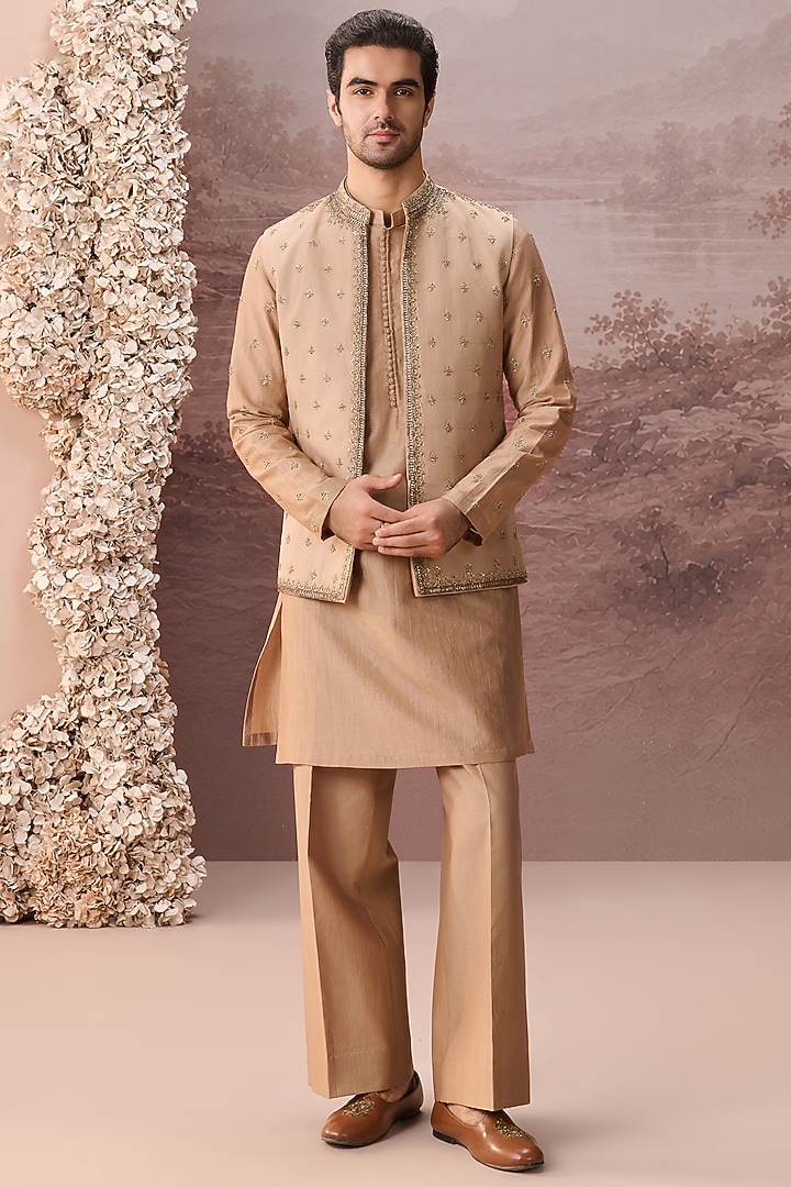 Beige Twill Silk Hand & Machine Embroidered Nehru Jacket Set by Contrast By Parth at Pernia's Pop Up Shop
