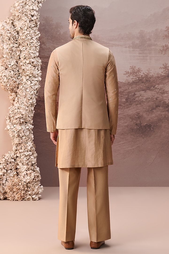 Beige Twill Silk Hand & Machine Embroidered Nehru Jacket Set by Contrast By Parth at Pernia's Pop Up Shop