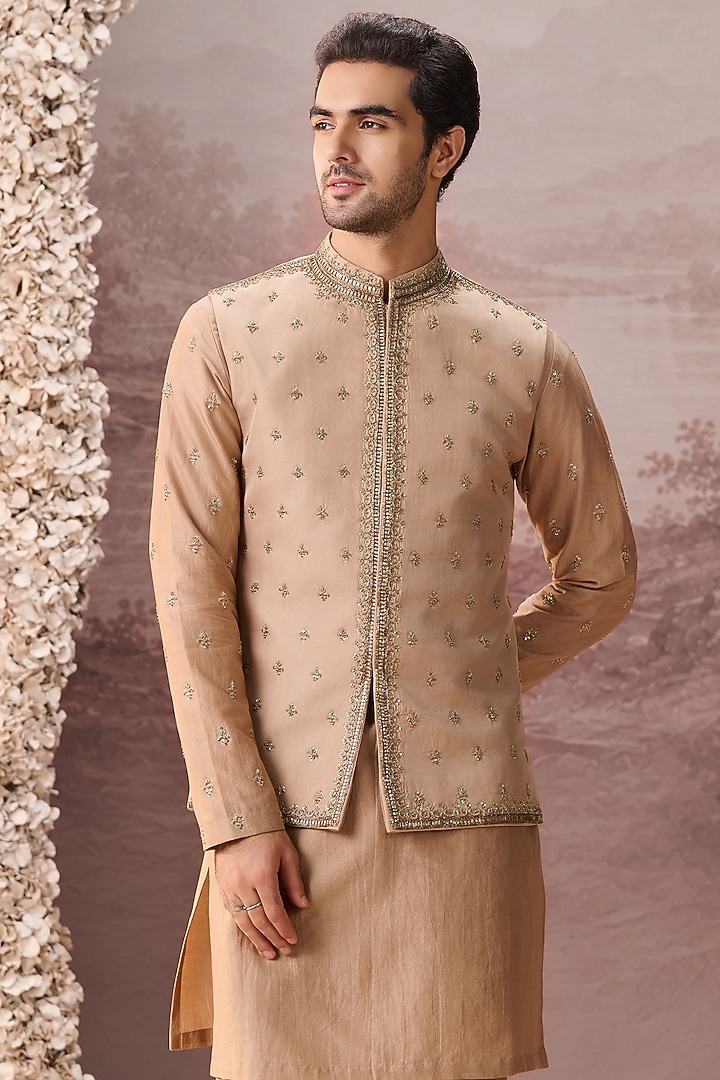 Beige Twill Silk Hand & Machine Embroidered Nehru Jacket Set by Contrast By Parth at Pernia's Pop Up Shop
