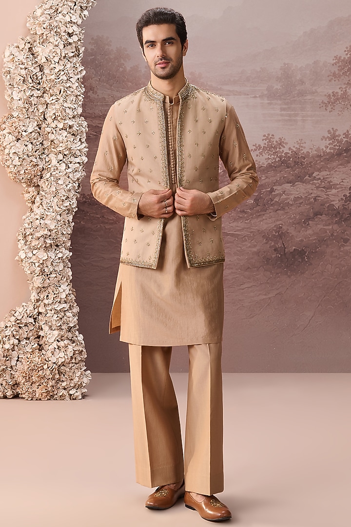 Beige Twill Silk Hand & Machine Embroidered Nehru Jacket Set by Contrast By Parth at Pernia's Pop Up Shop