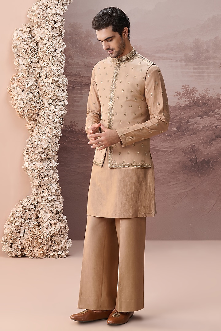 Beige Twill Silk Hand & Machine Embroidered Nehru Jacket Set by Contrast By Parth at Pernia's Pop Up Shop