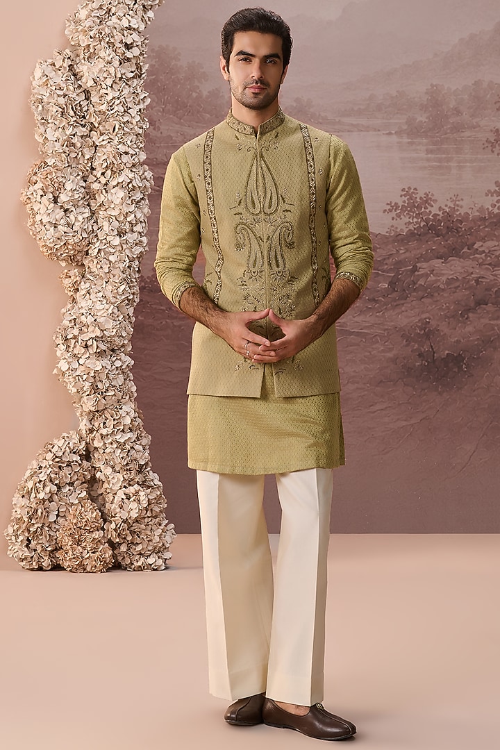 Olive Bhagalpuri Silk Hand & Machine Nehru Jacket Set by Contrast By Parth at Pernia's Pop Up Shop