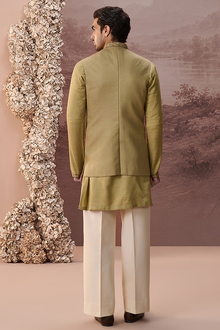 Olive Bhagalpuri Silk Hand & Machine Nehru Jacket Set by Contrast By Parth at Pernia's Pop Up Shop