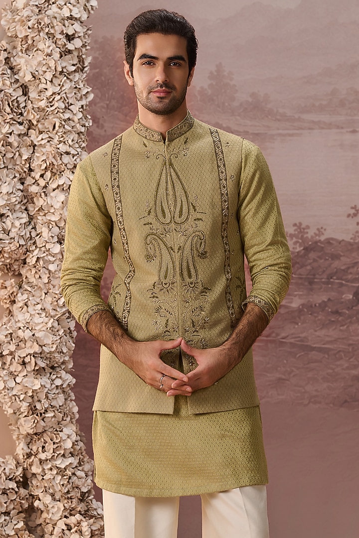 Olive Bhagalpuri Silk Hand & Machine Nehru Jacket Set by Contrast By Parth at Pernia's Pop Up Shop