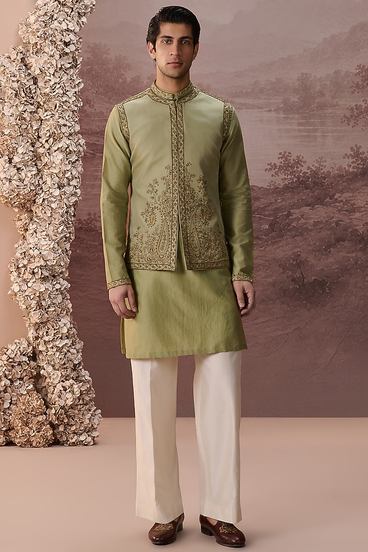 Sage Green Twill Silk Hand & Machine Embroidered Nehru Jacket Set by Contrast By Parth at Pernia's Pop Up Shop