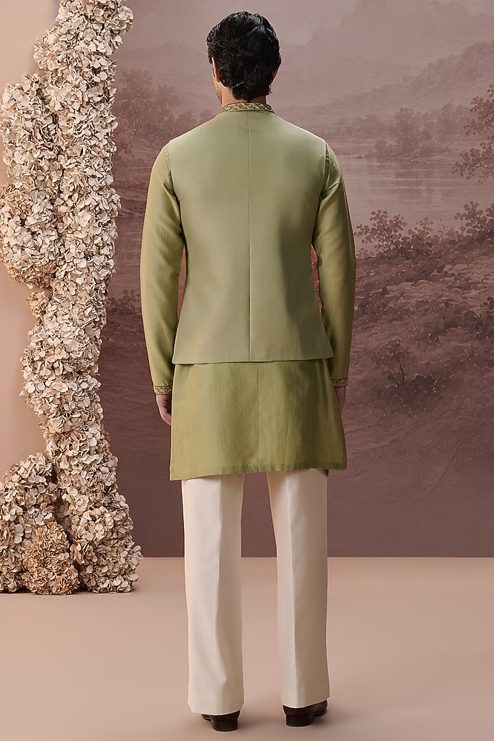Sage Green Twill Silk Hand & Machine Embroidered Nehru Jacket Set by Contrast By Parth at Pernia's Pop Up Shop
