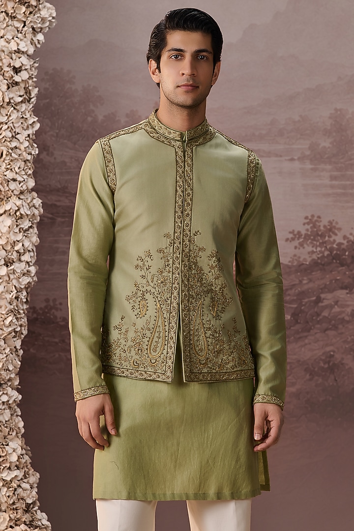 Sage Green Twill Silk Hand & Machine Embroidered Nehru Jacket Set by Contrast By Parth at Pernia's Pop Up Shop