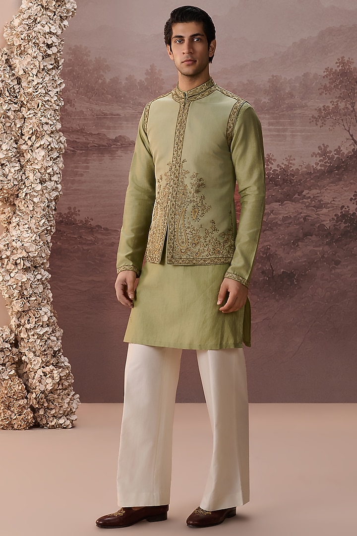 Sage Green Twill Silk Hand & Machine Embroidered Nehru Jacket Set by Contrast By Parth at Pernia's Pop Up Shop