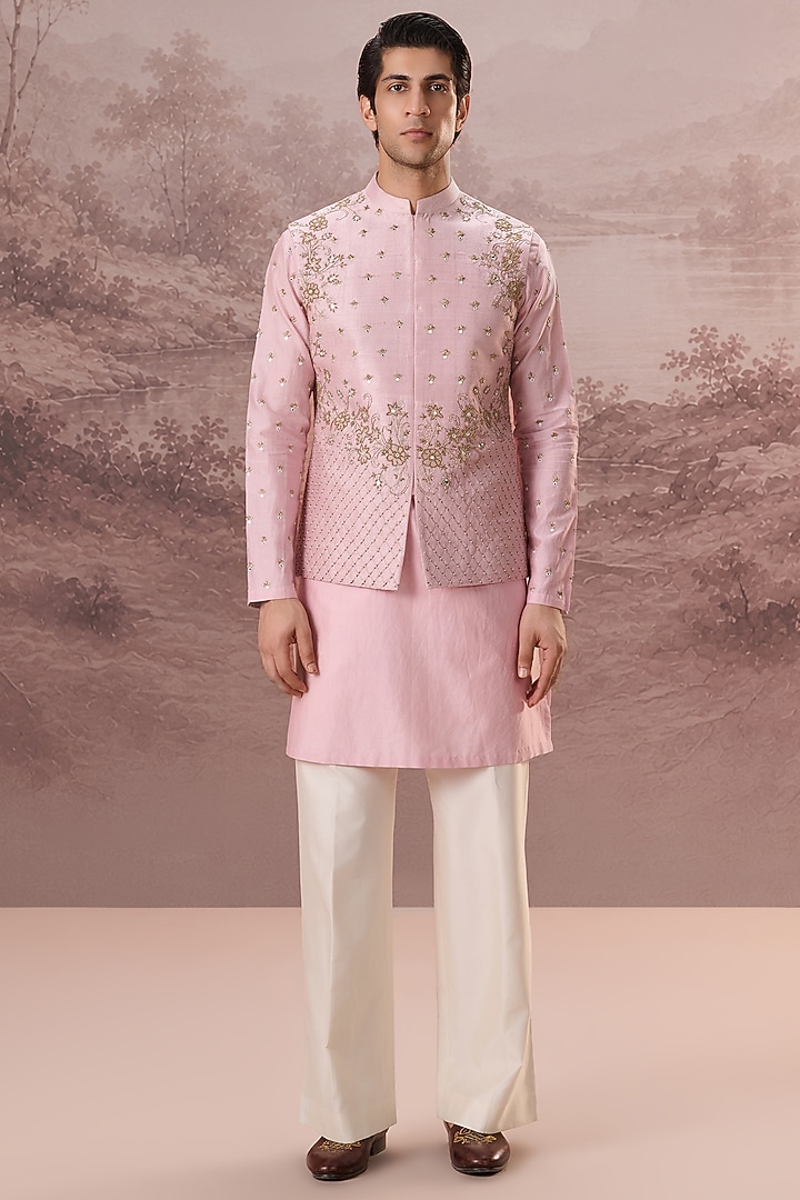 Pink Raw Silk Hand & Machine Embroidered Nehru Jacket Set by Contrast By Parth at Pernia's Pop Up Shop