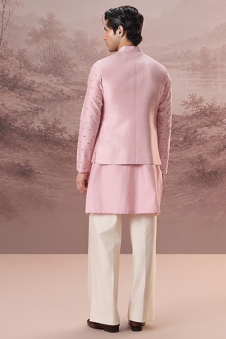 Pink Raw Silk Hand & Machine Embroidered Nehru Jacket Set by Contrast By Parth at Pernia's Pop Up Shop