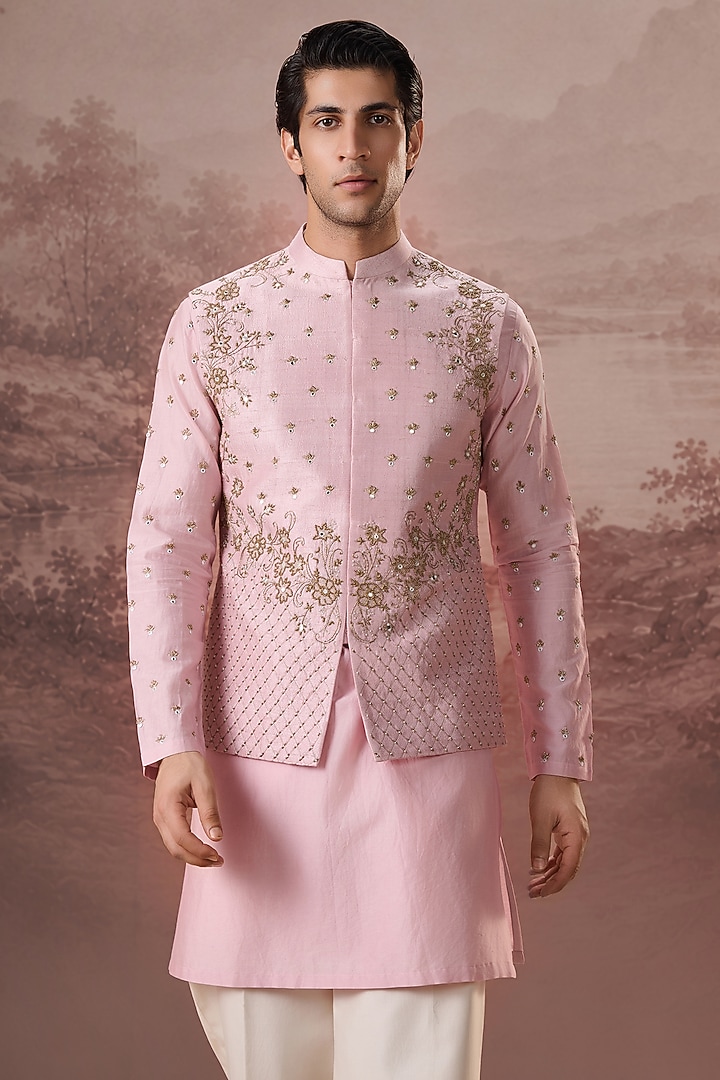 Pink Raw Silk Hand & Machine Embroidered Nehru Jacket Set by Contrast By Parth at Pernia's Pop Up Shop
