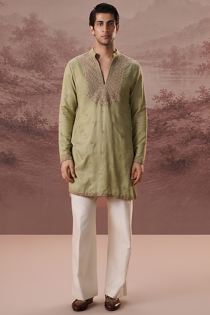 Sage Green Bhagalpuri Silk Hand & Machine Embroidered Kurta Set by Contrast By Parth at Pernia's Pop Up Shop