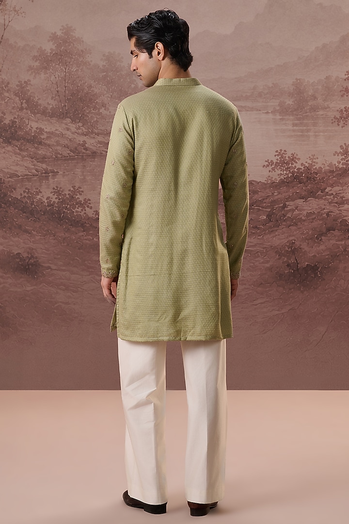 Sage Green Bhagalpuri Silk Hand & Machine Embroidered Kurta Set by Contrast By Parth at Pernia's Pop Up Shop