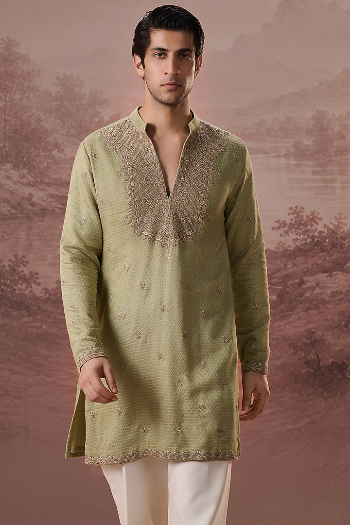 Sage Green Bhagalpuri Silk Hand & Machine Embroidered Kurta Set by Contrast By Parth at Pernia's Pop Up Shop
