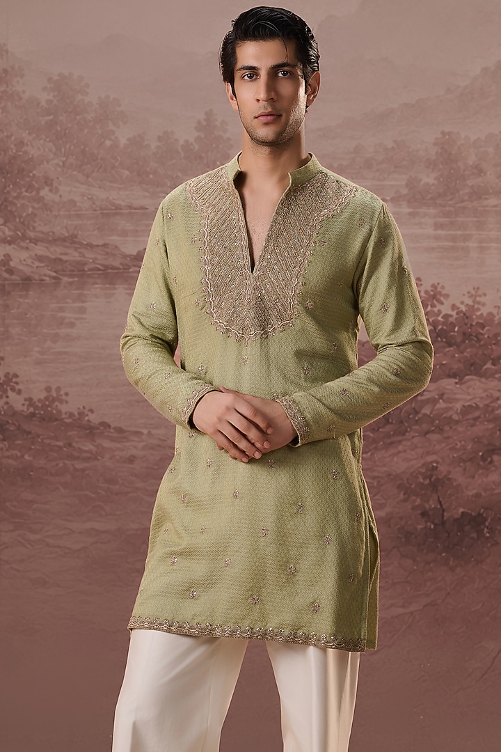 Sage Green Bhagalpuri Silk Hand & Machine Embroidered Kurta Set by Contrast By Parth at Pernia's Pop Up Shop