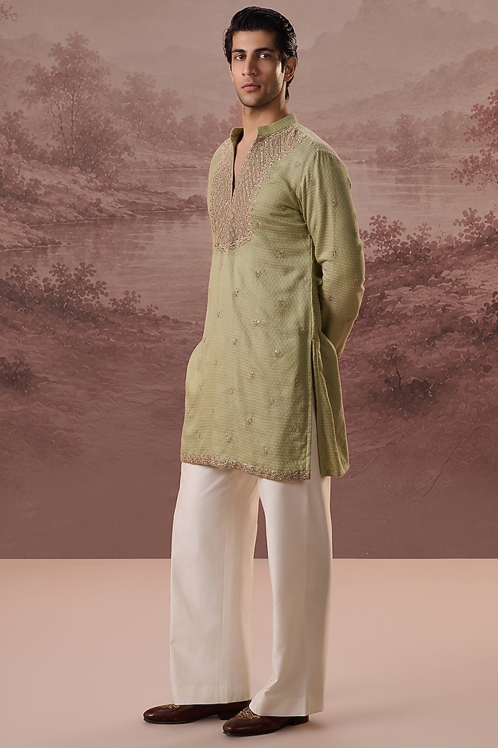 Sage Green Bhagalpuri Silk Hand & Machine Embroidered Kurta Set by Contrast By Parth at Pernia's Pop Up Shop