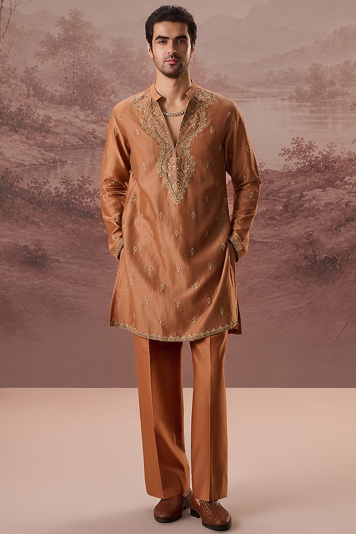 Rust Copper Spun Silk Hand & Machine Embroidered Kurta Set by Contrast By Parth at Pernia's Pop Up Shop
