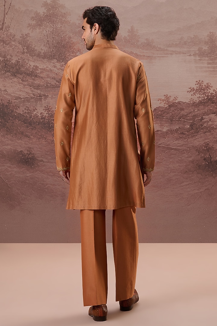 Rust Copper Spun Silk Hand & Machine Embroidered Kurta Set by Contrast By Parth at Pernia's Pop Up Shop