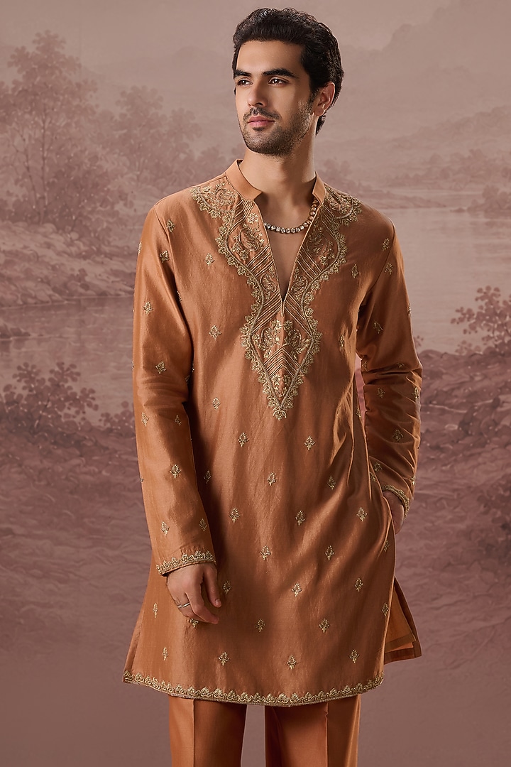 Rust Copper Spun Silk Hand & Machine Embroidered Kurta Set by Contrast By Parth at Pernia's Pop Up Shop
