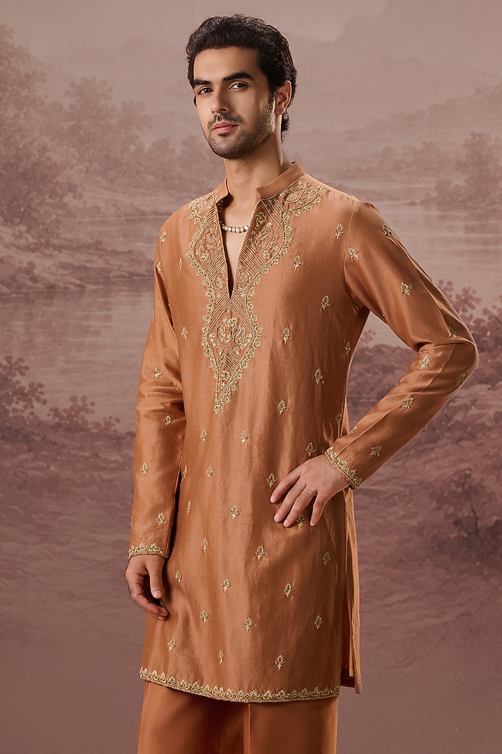 Rust Copper Spun Silk Hand & Machine Embroidered Kurta Set by Contrast By Parth at Pernia's Pop Up Shop