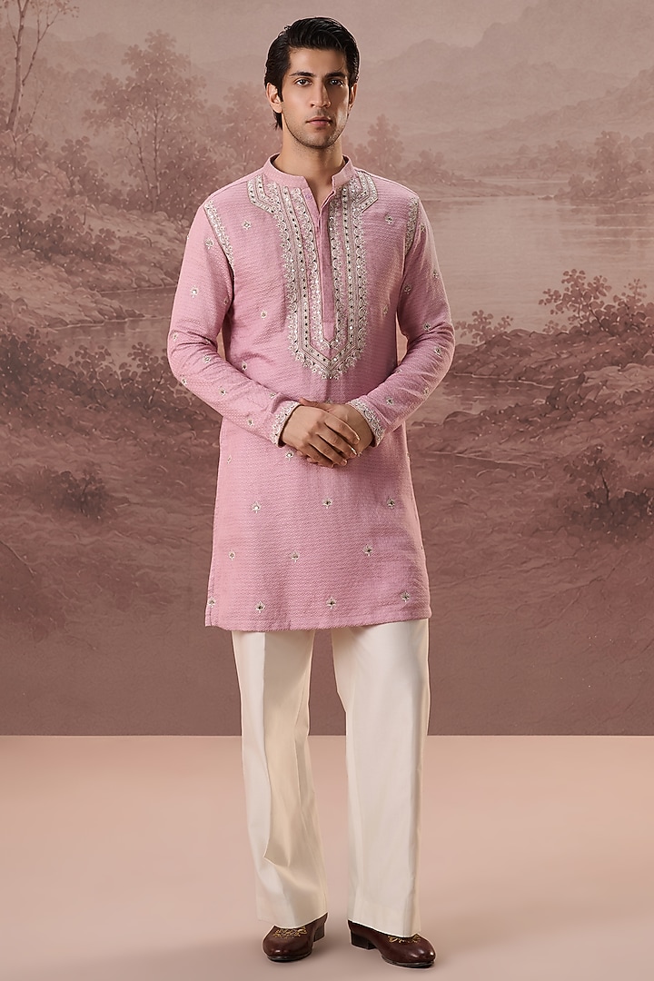Dusty Pink Bhagalpuri Silk Hand & Machine Embroidered Kurta Set by Contrast By Parth at Pernia's Pop Up Shop