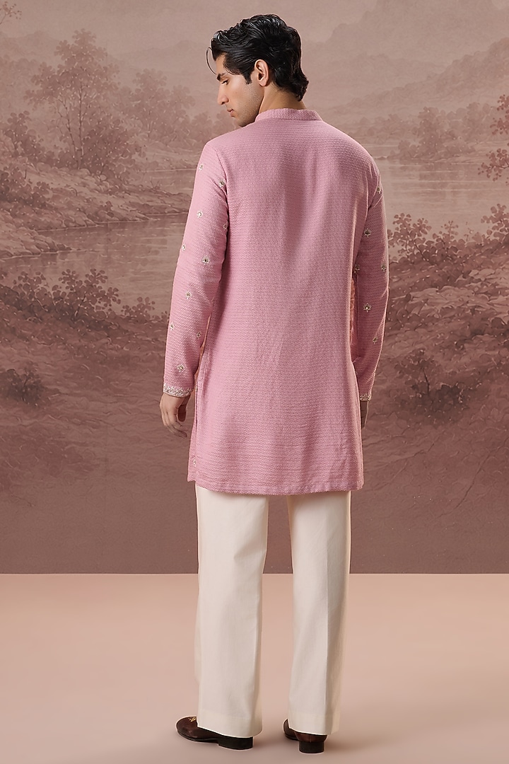 Dusty Pink Bhagalpuri Silk Hand & Machine Embroidered Kurta Set by Contrast By Parth at Pernia's Pop Up Shop