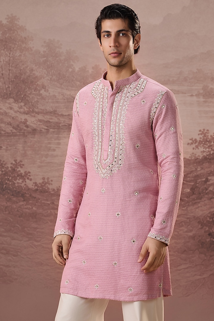 Dusty Pink Bhagalpuri Silk Hand & Machine Embroidered Kurta Set by Contrast By Parth at Pernia's Pop Up Shop