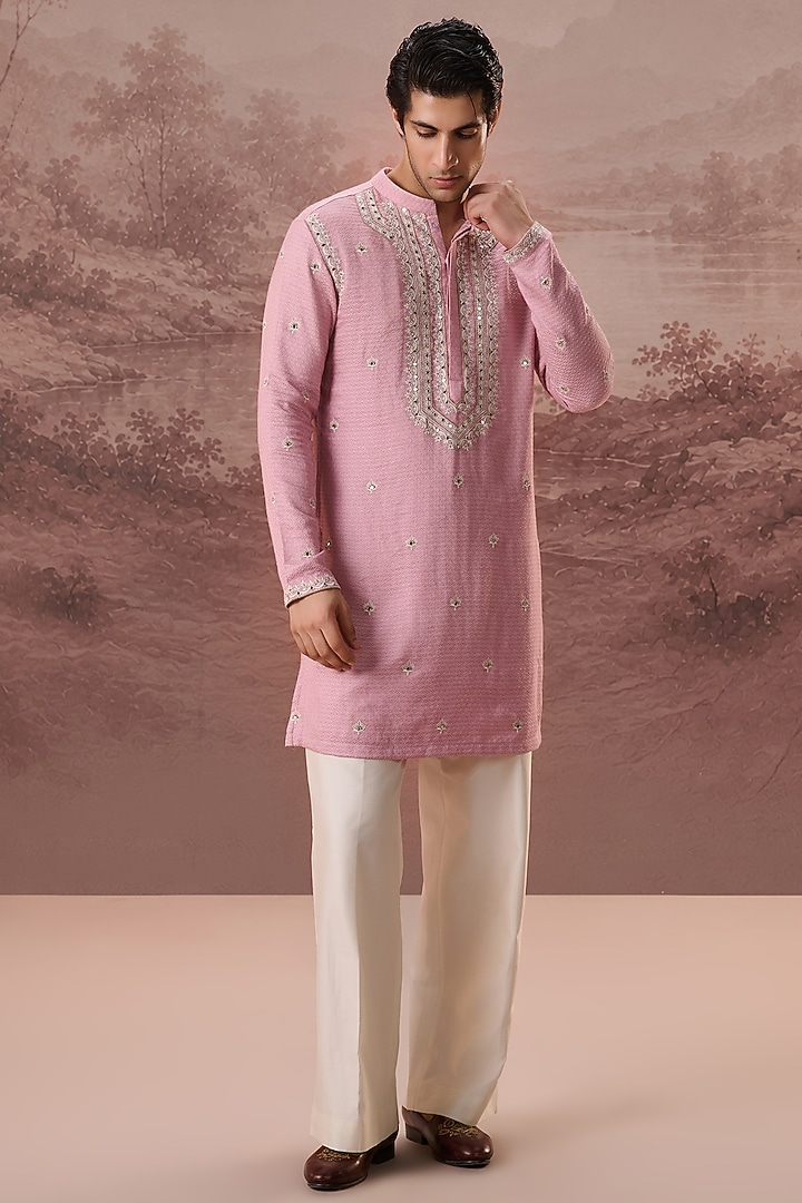 Dusty Pink Bhagalpuri Silk Hand & Machine Embroidered Kurta Set by Contrast By Parth at Pernia's Pop Up Shop