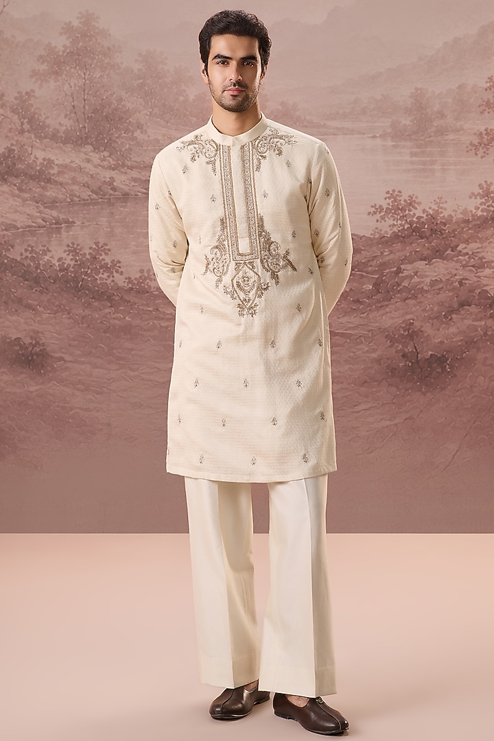 Ivory Bhagalpuri Silk Hand & Machine Embroidered Kurta Set by Contrast By Parth at Pernia's Pop Up Shop