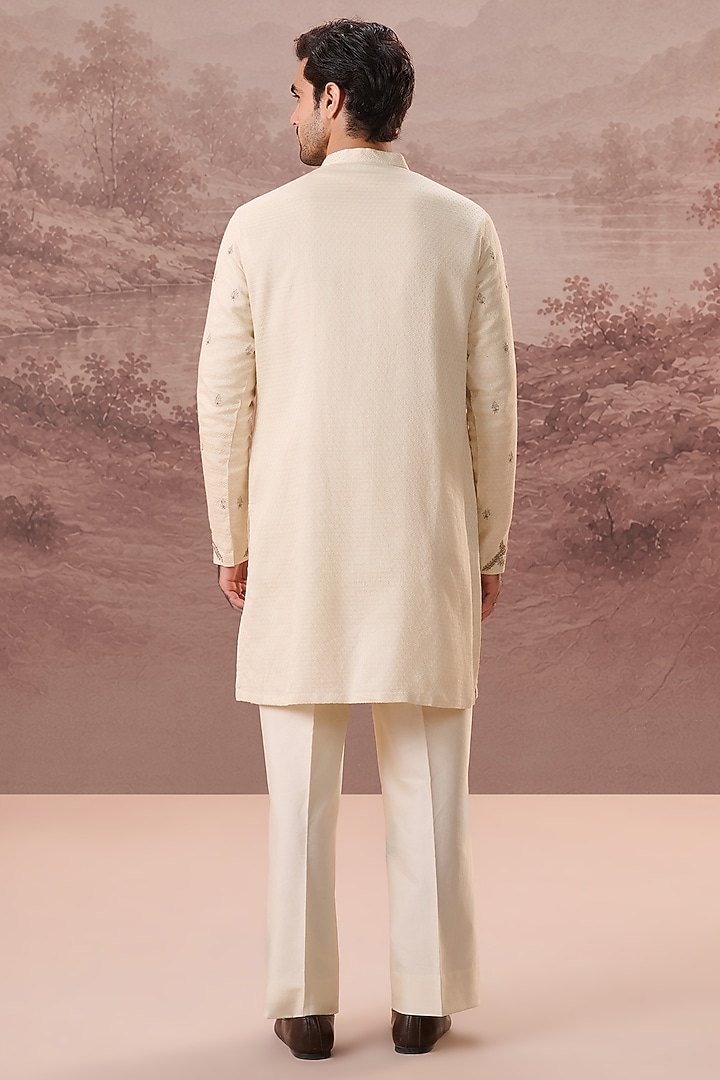 Ivory Bhagalpuri Silk Hand & Machine Embroidered Kurta Set by Contrast By Parth at Pernia's Pop Up Shop