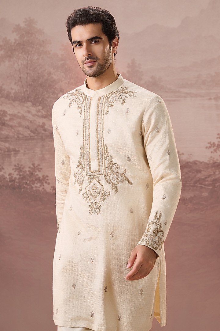 Ivory Bhagalpuri Silk Hand & Machine Embroidered Kurta Set by Contrast By Parth at Pernia's Pop Up Shop