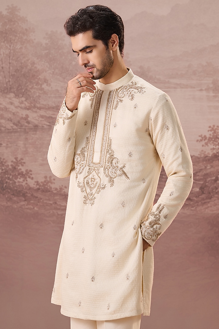 Ivory Bhagalpuri Silk Hand & Machine Embroidered Kurta Set by Contrast By Parth at Pernia's Pop Up Shop
