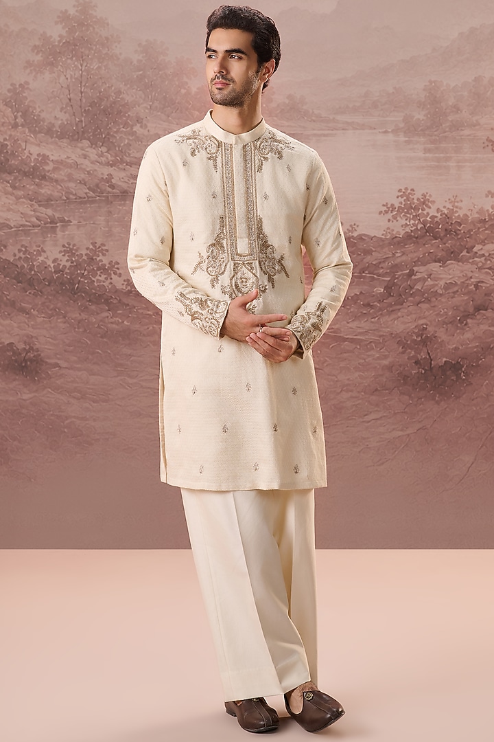 Ivory Bhagalpuri Silk Hand & Machine Embroidered Kurta Set by Contrast By Parth at Pernia's Pop Up Shop