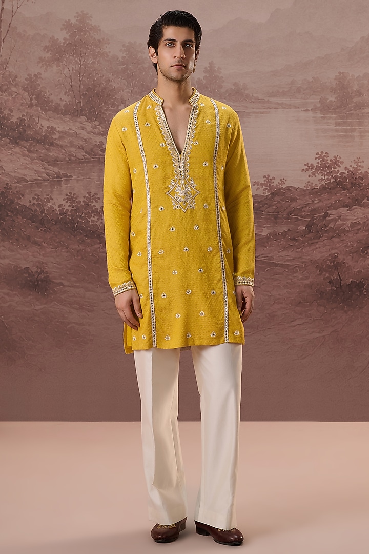Mustard Bhagalpuri Silk Hand & Machine Embroidered Kurta Set by Contrast By Parth at Pernia's Pop Up Shop