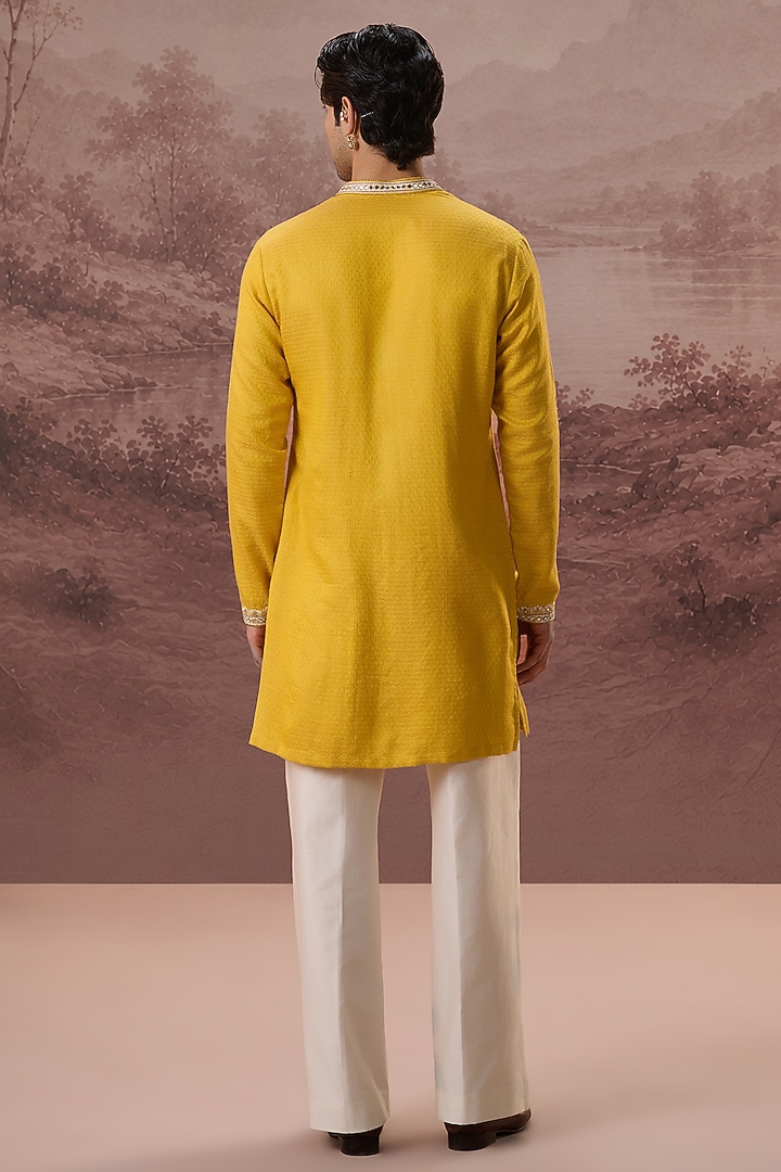 Mustard Bhagalpuri Silk Hand & Machine Embroidered Kurta Set by Contrast By Parth at Pernia's Pop Up Shop