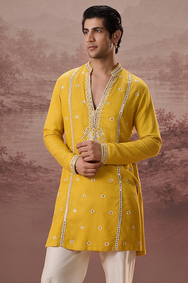 Mustard Bhagalpuri Silk Hand & Machine Embroidered Kurta Set by Contrast By Parth at Pernia's Pop Up Shop