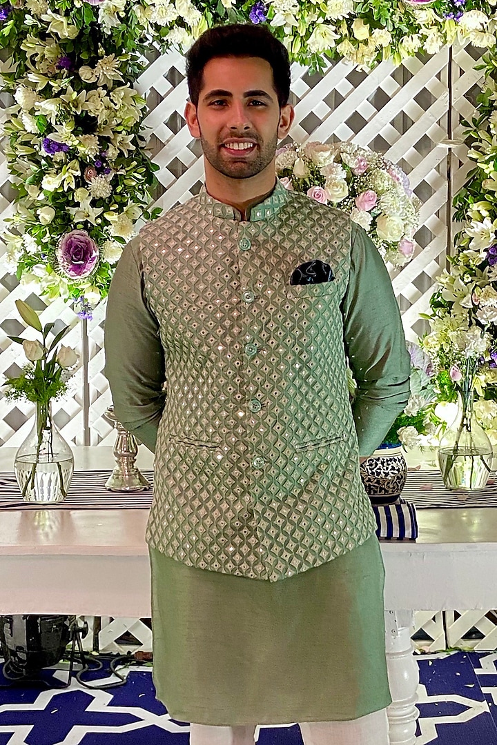 Green Georgette Mirror Embellished Nehru Jacket Se by Contrast By Parth at Pernia's Pop Up Shop