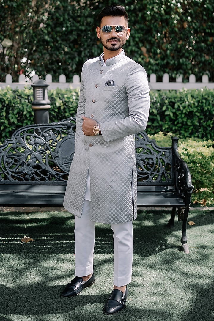 Pale Blue Silk Jacquard Wedding Sherwani Set by Contrast By Parth at Pernia's Pop Up Shop
