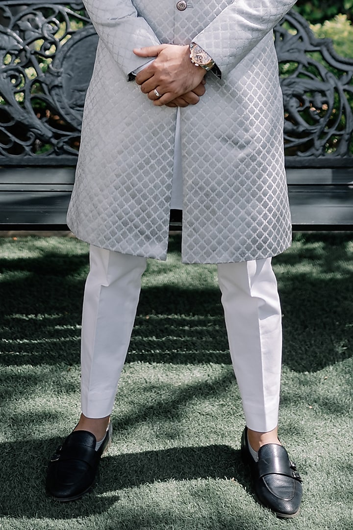 Pale Blue Silk Jacquard Wedding Sherwani Set by Contrast By Parth at Pernia's Pop Up Shop