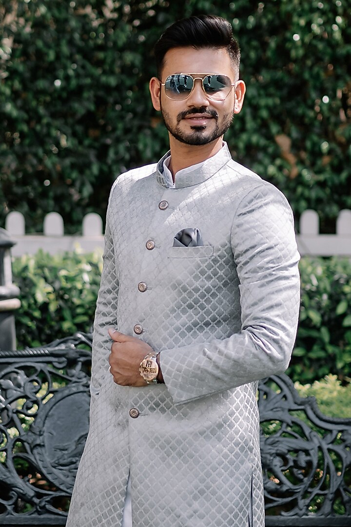 Pale Blue Silk Jacquard Wedding Sherwani Set by Contrast By Parth at Pernia's Pop Up Shop
